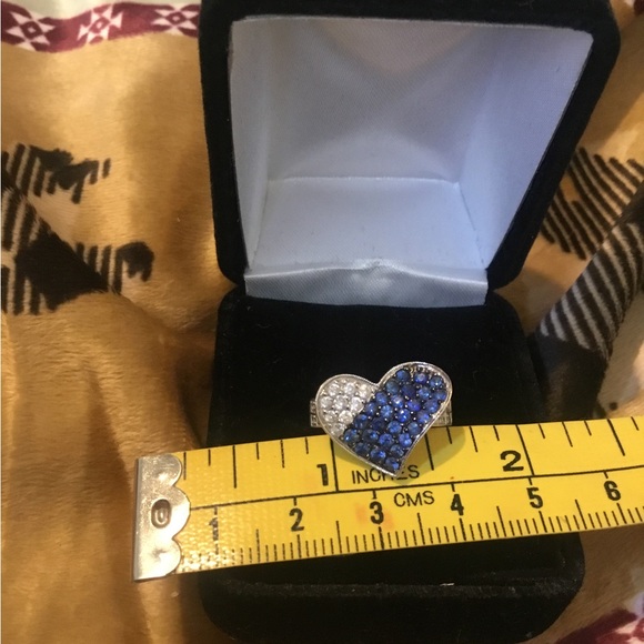 14k 585 White Gold Heart Diamond /Sapphire Ring - Picture 4 of 16